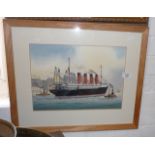 Watercolour of the Lusitania in New York harbour by C.J. Ashford
