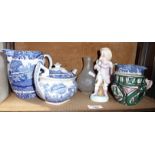 Two Copeland Spode jugs and a teapot (A/F) and three other pieces