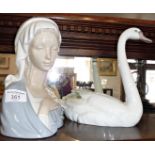 Lladro porcelain head and shoulders of a woman and a Lladro swan, no.5230