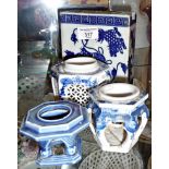 Three Chinese blue and white inkwells and a similar flower brick