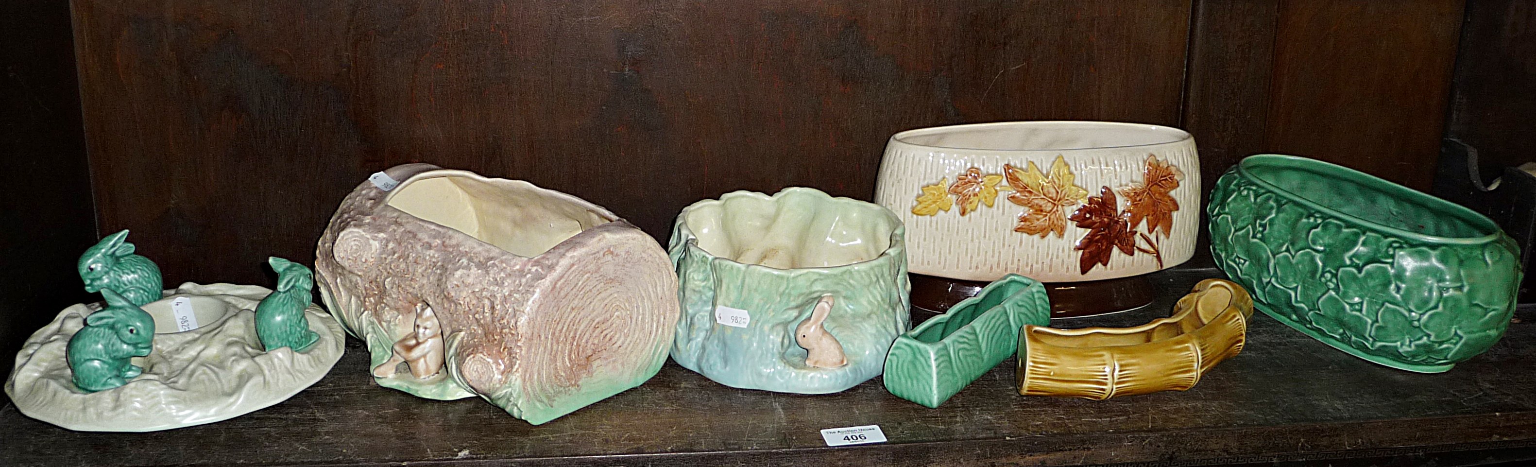 Various Sylvac Art Deco pottery planters, inc. a trio of rabbits around a posy bowl