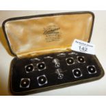 9ct white gold and black enamel cased gent's stud, cufflink and button set - each with seed pearl,