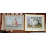 Watercolour of landscape by Hazel Wilson and a pastel marine picture with sailing yacht by Robert
