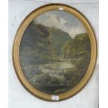 Victorian oval canvas of a river landscape