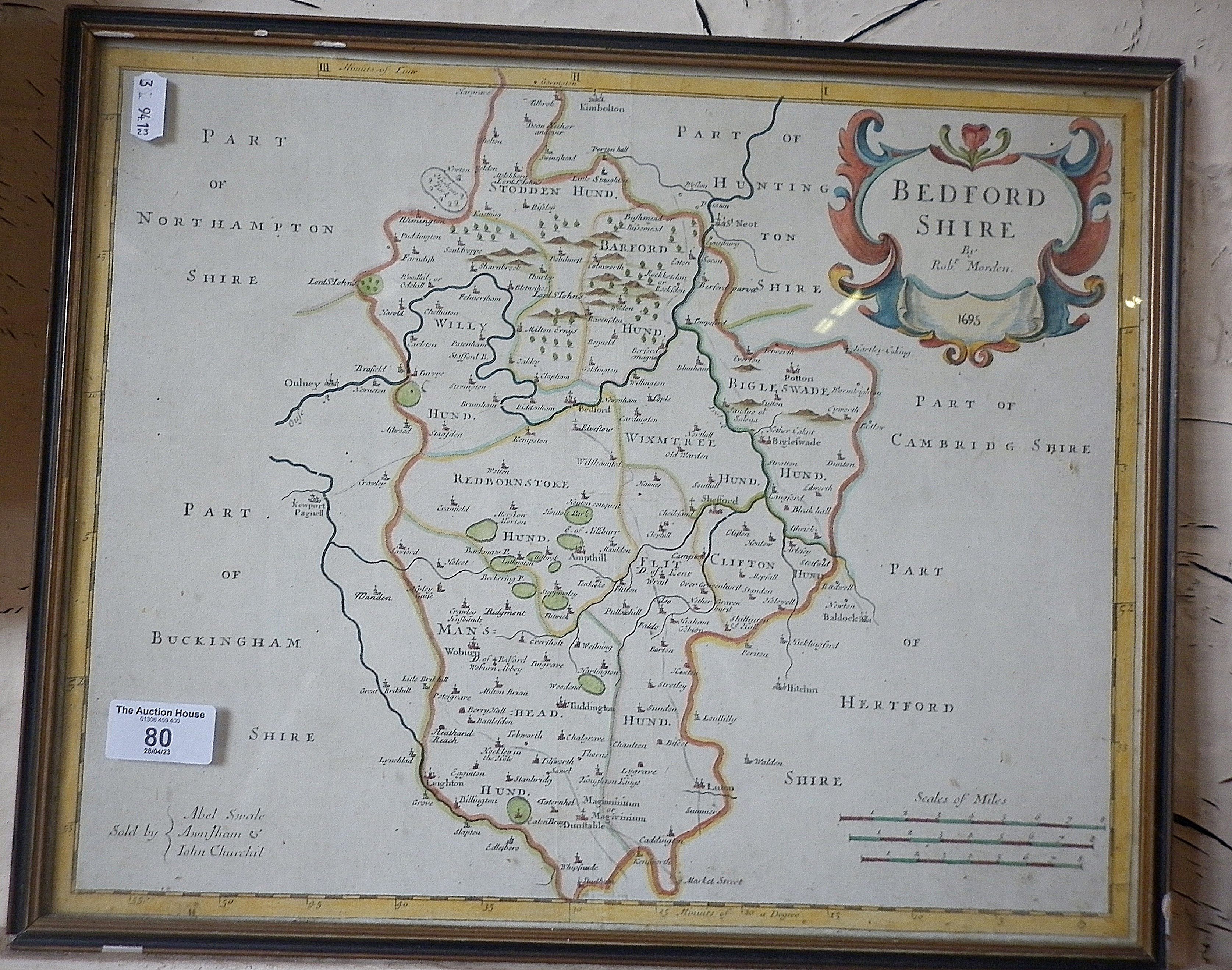 A Robert Morden hand-coloured map of Bedfordshire