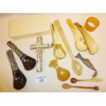 Celluloid box, horn spoons, mother of pearl JERUSALEM crucifix, etc.
