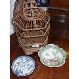 Oriental Famille Verte bowl and a blue and white saucer. Together with a Chinese bamboo bird cage.
