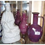 Two Chinese purple glazed pots and a blanc de chine figure of Guanyin