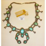 1920s Native American Navajo silver and turquoise squash blossom necklace. Approx. 27" long. Naja