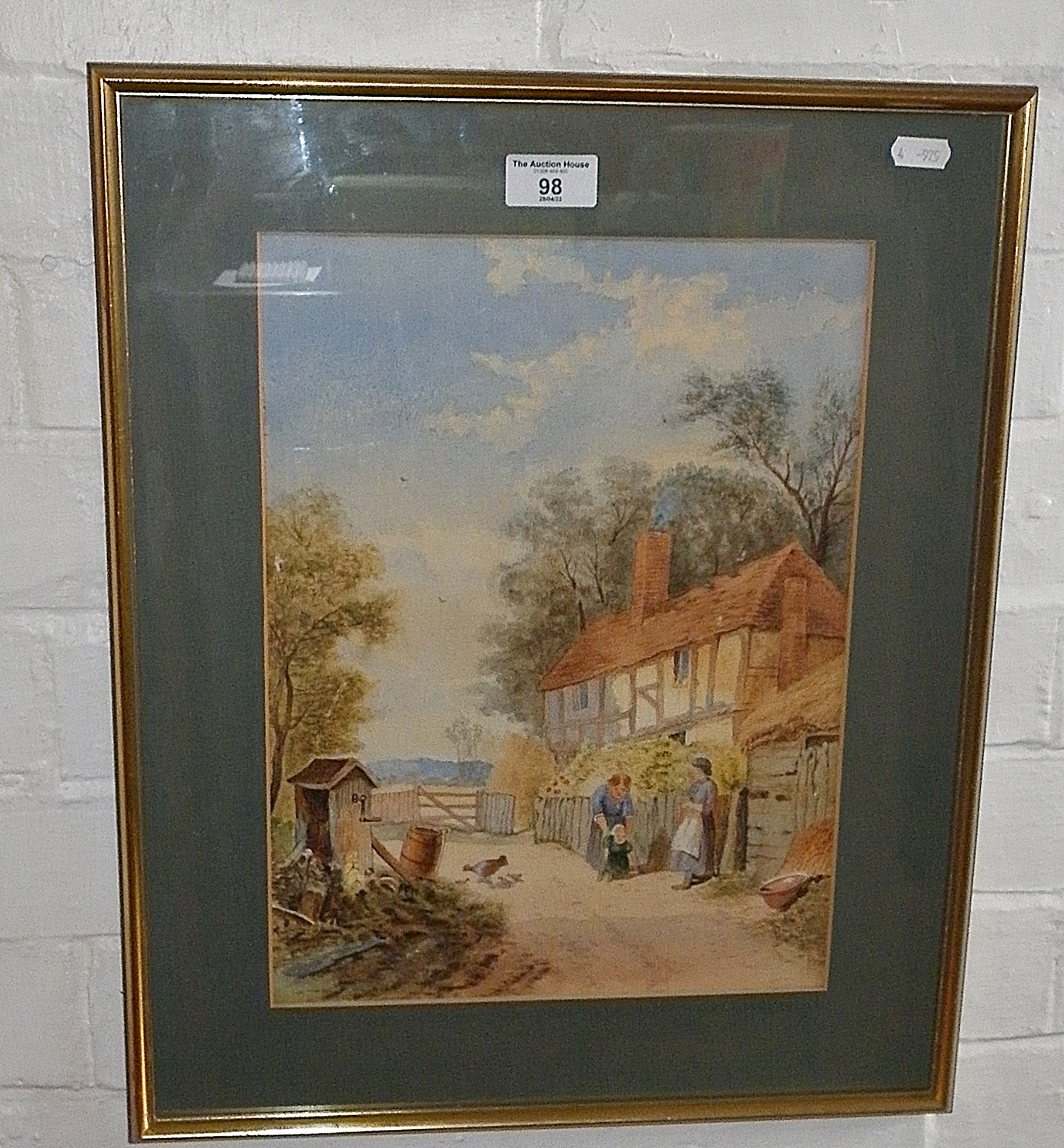 Victorian watercolour of a cottage with figures, unsigned, 19" x 15" inc. frame