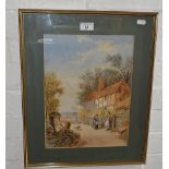 Victorian watercolour of a cottage with figures, unsigned, 19" x 15" inc. frame