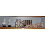 Four 19th c. porcelain figures, Three Continental porcelain pigs, pair of German bisque busts and
