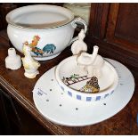 Royal Doulton strainer, four various china pie funnels, Masons 'Circusland' bowl and a chamber pot