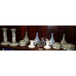 Wedgwood Jasper ware candlesticks, trinket boxes and vases (one shelf)