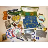 Vintage scouting badges and embroidered patches. Boy Scout medal, RAOB enamelled silver cufflinks,