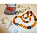 Amber bead necklace with silver clasp. Buler enamelled ball pendant watch and some coral clip on