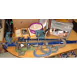 Three sash clamps, two G clamps, a vice etc., inc. an electric biscuit joiner