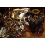 Assorted silver plated items inc. two entree dishes, hotel ware tea set, etc.