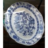 Large Victorian blue and white turkey platter with gravy well