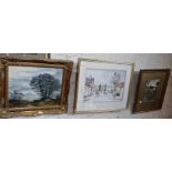 Oil on board of landscape signed G. Thompson, a watercolour of a town scene by Trevor Shears and a