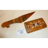 19th c. Tonbridge or Sorrento Ware treen shoe-shaped letter opener (approx. 18.5cm long), with a