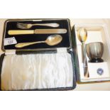 Hallmarked silver cased child's cutlery set and boxed horn egg cup and spoon
