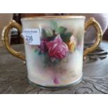 Crown Devon floral painted two-handled tankard, painted by G. Cox, 4" tall