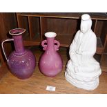 Two Chinese purple glazed pots and a blanc de chine figure of Guanyin