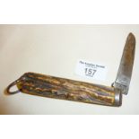 WW2 folding knife with antler scales blade marked with military arrow and UN&S 6. Approx. 20cm