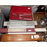 Diwa of Denmark slide rule, draughtsman's card scales, cased drawing set, etc.