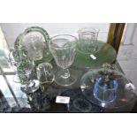 Assorted glassware inc. two rummers, pie funnel and flower vases etc