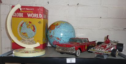 Tin plate "Fire Chief" car, Italian diecast Ferrari and a Chad Valley globe (A/F)