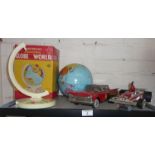 Tin plate "Fire Chief" car, Italian diecast Ferrari and a Chad Valley globe (A/F)