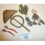 Vintage Berber silver cloak or cape clasps and other silver enamel jewellery, inc. coral earrings