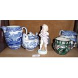 Two Copeland Spode jugs and a teapot (A/F) and three other pieces