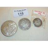 1935 silver crown, Victorian 1890 silver half crown, and a George III 1816 silver sixpence