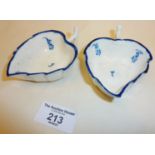 Pair of Georgian Caughley 'Locre Sprigs' blue and white leaf shaped butter dishes in the rare