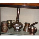 Middle Eastern copper bowls and vase, with hammered copper figural mug and coffee maker