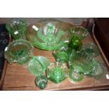 Collection of assorted 1930s green glass flower vases and bowls etc (14)