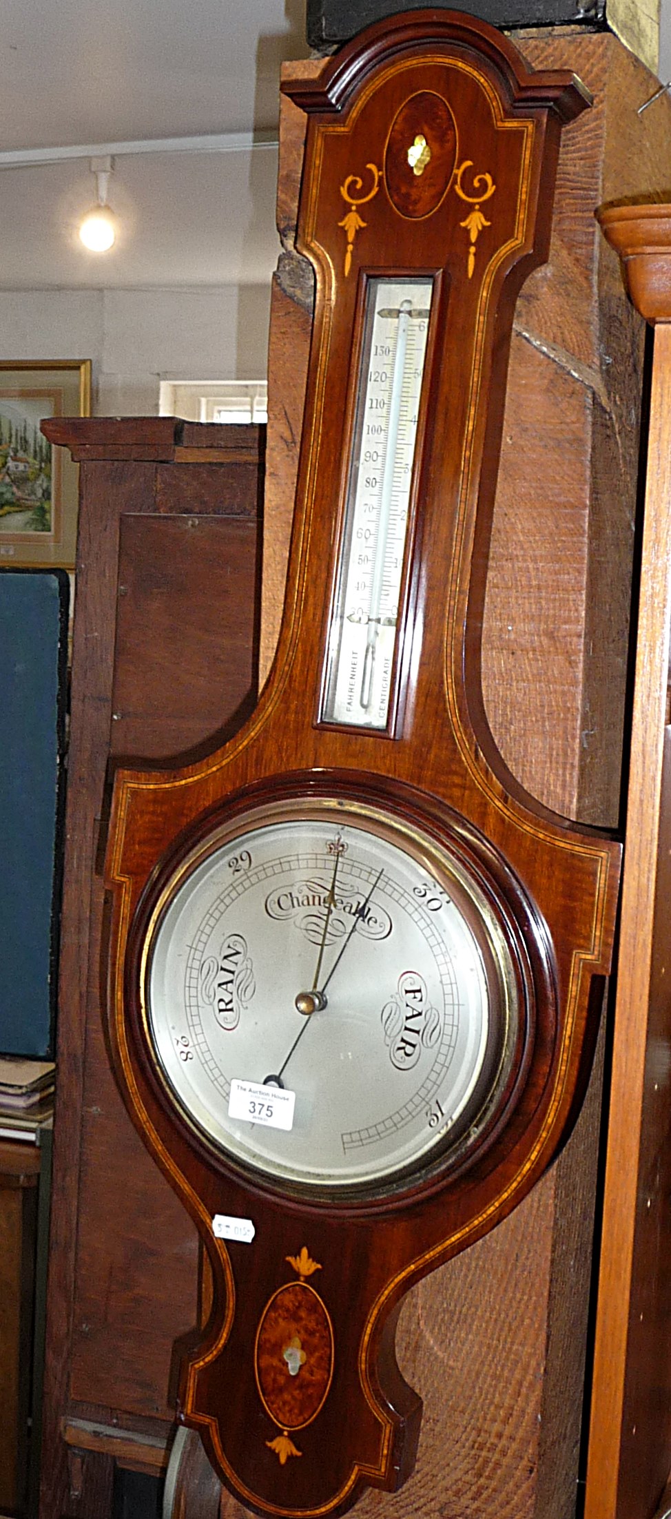 Edwardian Art Nouveau inlaid mahogany banjo barometer