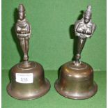 Two Hindu bronze temple bells, the handles depicted as Deities