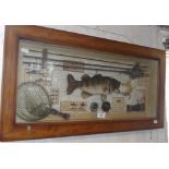 Framed display of a stuffed Chub with stylised fishing rods & reels etc