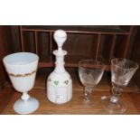 Opaline glass chalice, opaque glass decanter and two cut glass goblets