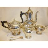 Four piece silver tea set consisting of teapot, hot water pot, milk jug and sugar bowl. Together