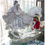 Large Lladro figurine of lovers on a horse called "Love Story" and No 5991, 34cm high x 33cm long