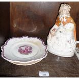 Staffordshire figure of Red Riding Hood and two 19th c. lustre ware plates with "Charity"