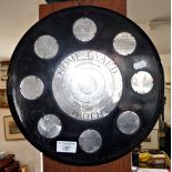 1940s Shooting trophy plaque with inset silver medallions presented by the Home Guard 10th Battalion