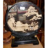 Fine Japanese early 20th c. carved cork diorama in lacquered circular case with carved stand