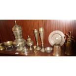 Indian pierced brass lidded vessel, similar spill vases and other brassware