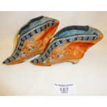 Antique Chinese pair of Lotus foot binding embroidered silk shoes. Approx 10cms length of sole and